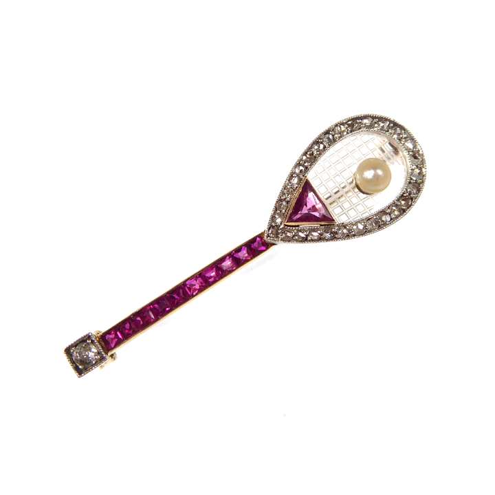 Ruby, pearl and diamond tennis racket brooch